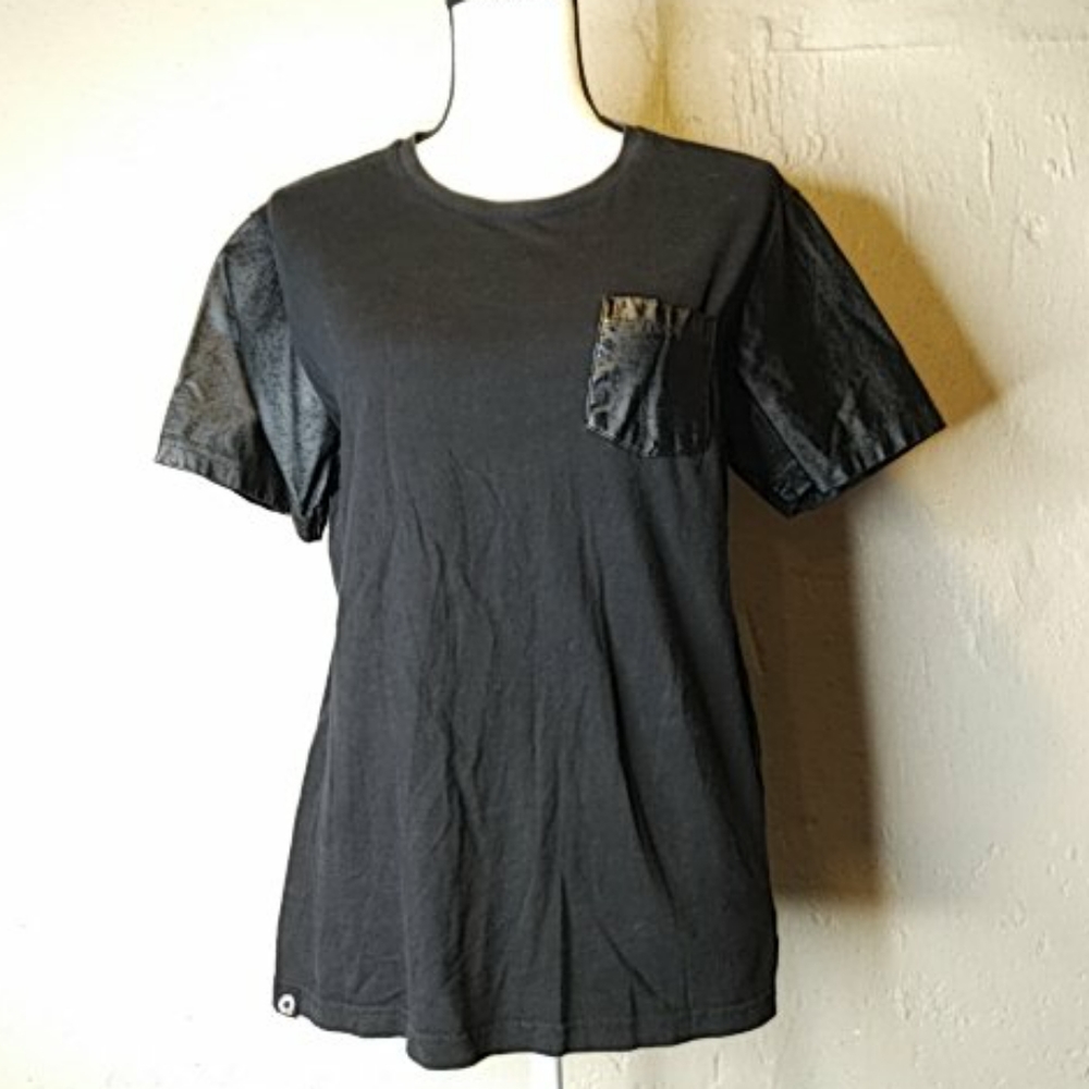 Akademics Black T-shirt Tee with Faux Leather M